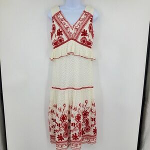 Jax Black Label Cream Red Floral Embroidered Lace Peplum Midi Dress 4 Boho Chic